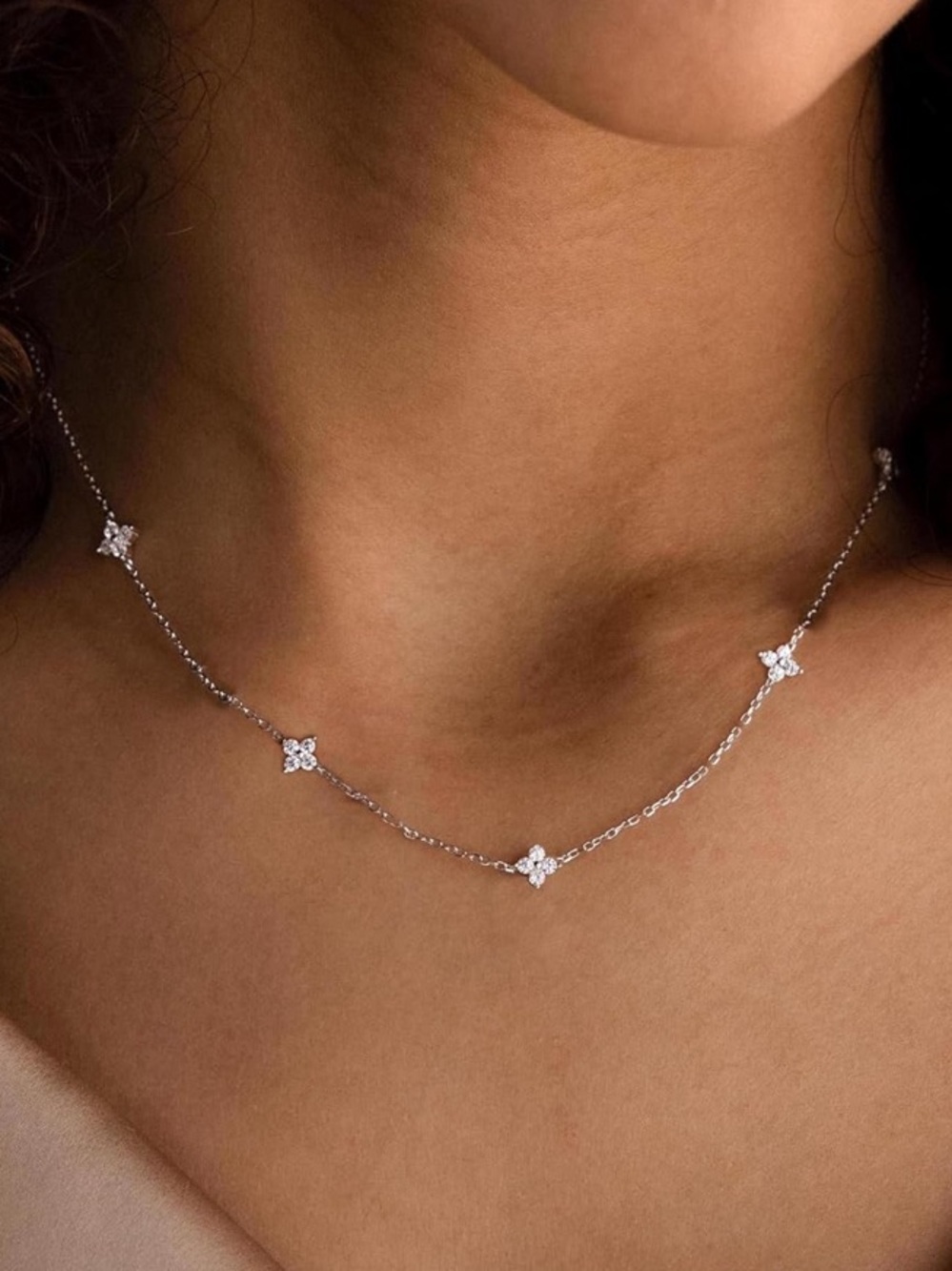 Trendy  Silver Floral Station Necklace